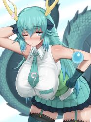 Rule 34 | 1girl, ;/, arm behind head, arm up, armlet, bare shoulders, bent over, blue dragon (kemono friends), blue eyes, blue hair, blurry, blurry background, blush, breast pocket, breasts, buttons, closed mouth, collared shirt, corset, cowboy shot, dragon girl, dragon horns, dragon tail, eyelashes, garter straps, gloves, green hair, hair between eyes, hanging breasts, highres, horns, jewelry, kemono friends, kemono friends 3, large breasts, long hair, long tail, looking at viewer, miniskirt, multicolored hair, multiple horns, necktie, nose blush, one eye closed, pleated skirt, pocket, shibori kasu, shirt, skirt, sleeveless, sleeveless shirt, solo, tail, thighhighs, two-tone hair, very long hair, wing collar, yellow horns, zettai ryouiki