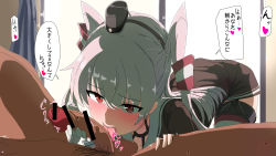 Rule 34 | 10s, 1boy, 1girl, amatsukaze (kancolle), bar censor, censored, comala (komma la), dress, fellatio, garter straps, gloves, hair tubes, handjob, hetero, kantai collection, male pubic hair, oral, out of frame, penis, pubic hair, red thighhighs, sailor collar, sailor dress, short dress, silver hair, single glove, solo focus, thighhighs, tongue, tongue out, translation request, two side up