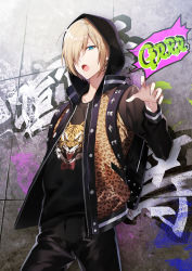 Rule 34 | 10s, 1boy, animal print, ariko, blonde hair, blue eyes, graffiti, hair over one eye, hood, hoodie, jacket, looking at viewer, male focus, open clothes, open jacket, open mouth, platinum blonde hair, solo, studded, studded jacket, tiger print, wall, yuri!!! on ice, yuri plisetsky
