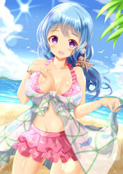 Rule 34 | 1girl, :d, bang dream!, bare shoulders, beach, bikini, blue hair, blue sky, blush, breasts, cloud, collarbone, commentary request, day, floral print, frilled bikini, frills, hair ornament, hand up, highres, horizon, large breasts, long hair, looking at viewer, matsubara kanon, navel, ocean, open mouth, outdoors, pink bikini, print bikini, purple eyes, sand, seashell bracelet, sky, smile, solo, standing, sun, swimsuit, water, xenon (for achieve)