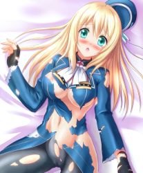 Rule 34 | 10s, 1girl, atago (kancolle), bad id, bad pixiv id, black gloves, blonde hair, blush, breasts, gloves, green eyes, hat, highres, jacket, kantai collection, kyamu (qqea92z9n), large breasts, long hair, lying, military, military jacket, military uniform, no bra, no panties, open mouth, pantyhose, personification, solo, takao (kancolle), torn clothes, torn pantyhose, uniform