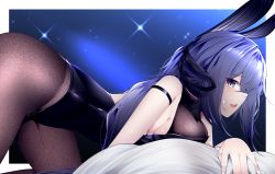 Rule 34 | 1girl, absurdres, all fours, animal ears, azur lane, black leotard, bodystocking, breasts, cleavage, detached collar, fake animal ears, fine fabric emphasis, highleg, highleg leotard, highres, huge filesize, large breasts, leotard, looking at viewer, looking to the side, new jersey (azur lane), new jersey (exhilarating steps!) (azur lane), official alternate costume, oversized breast cup, pantyhose, playboy bunny, purple eyes, purple hair, rabbit ears, samip, see-through, see-through cleavage, stripper