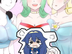 Rule 34 | 5girls, bare shoulders, black hair, blonde hair, blue eyes, blue hair, blush, breast envy, breast press, breasts, cape, cleavage, clothes writing, colored skin, earrings, fingerless gloves, fire emblem, fire emblem awakening, gloves, green hair, highres, jewelry, kid icarus, kid icarus uprising, long hair, lucina (fire emblem), mario (series), midriff, multiple girls, nintendo, open mouth, palutena, ponytail, robin (female) (fire emblem), robin (fire emblem), rosalina, smile, star (symbol), super mario bros. 1, super mario galaxy, super smash bros., tank top, tomo (aimaruroi), twintails, very long hair, wavy mouth, white hair, white skin, wii fit, wii fit trainer, wii fit trainer (female)