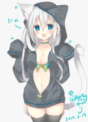 Rule 34 | 1girl, 2017, :d, animal ear fluff, animal ears, aqua bra, artist name, bad id, bad twitter id, black thighhighs, blue eyes, blush, bow, bow bra, bra, braid, breasts, cat, cat ears, cat girl, cat tail, cleavage, commentary request, cowboy shot, dated, fang, green bow, grey background, hair between eyes, hair ornament, hands in opposite sleeves, hands up, hood, hoodie, long hair, looking at viewer, medium breasts, navel, open mouth, original, partially unzipped, satsuki mayuri, signature, silver hair, simple background, smile, solo, tail, thighhighs, underwear, x hair ornament