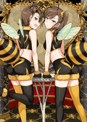 Rule 34 | &gt;:), 2girls, :d, antennae, ass, asymmetrical legwear, black gloves, black legwear, black shorts, blush, breasts, brown eyes, closed mouth, commentary request, crop top, fake antennae, fake wings, from behind, fur-trimmed gloves, fur-trimmed shorts, fur collar, fur trim, futami ami, futami mami, gloves, hair ornament, hair scrunchie, heart, highres, idolmaster, idolmaster (classic), insect wings, leg up, looking at viewer, looking back, mismatched legwear, multiple girls, one side up, open mouth, scrunchie, short hair, shorts, siblings, side ponytail, sisters, sleeveless, small breasts, smile, standing, standing on one leg, table, thighhighs, tsurui, twins, wings, yellow legwear