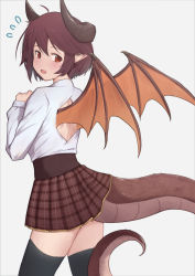 Rule 34 | 1girl, ahoge, black thighhighs, blush, brown eyes, brown hair, brown skirt, brown wings, commentary request, curled horns, dragon girl, dragon horns, dragon tail, dragon wings, fang, flying sweatdrops, granblue fantasy, grea (shingeki no bahamut), grey background, hair between eyes, highres, horns, long sleeves, looking at viewer, looking back, manaria friends, open mouth, plaid, plaid skirt, pleated skirt, pointy ears, shingeki no bahamut, shirt, simple background, skirt, solo, tail, thighhighs, uneg, white shirt, wings