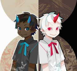 2boys :&gt; black_shirt blue_horns brown_background brown_hair commentary_request dark-skinned_male dark_skin honnomusi323 horns looking_at_viewer male_focus multiple_boys neck_ribbon original pointy_ears red_eyes red_horns ribbon shirt short_hair single_horn slit_pupils smile split_theme upper_body white_hair white_shirt