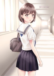Rule 34 | 1girl, bag, black skirt, blue neckwear, blurry, blurry background, blush, breasts, brown eyes, brown hair, commentary request, day, depth of field, highres, indoors, looking at viewer, looking back, original, parted lips, pleated skirt, sailor collar, school bag, school uniform, serafuku, shirt, short hair, short sleeves, skirt, small breasts, solo, standing, sunlight, white sailor collar, white shirt, window, yukimaru217
