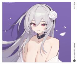 1girl absurdres bilibili_xiaolu breasts cleavage closed_mouth dated flower grey_hair hair_flower hair_ornament highres large_breasts long_sleeves off_shoulder original red_eyes simple_background smile solo upper_body