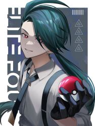 Rule 34 | 1girl, absurdres, ahoge, black gloves, black necktie, bright pupils, buttons, collared shirt, commentary request, creatures (company), earrings, game freak, gloves, green hair, hand up, highres, holding, holding poke ball, iyo (iyoo), jewelry, long hair, necktie, nintendo, parted lips, poke ball, poke ball (basic), pokemon, pokemon sv, red eyes, rika (pokemon), shirt, smile, solo, suspenders, upper body, white pupils
