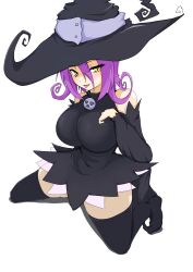 Rule 34 | 1girl, artist request, blair (soul eater), blush, breasts, flipped hair, hair between eyes, hat, highres, large breasts, long hair, purple hair, sitting, smile, solo, soul eater, white background, wide hips, witch hat, yellow eyes