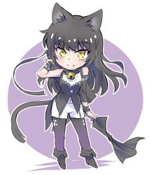 Rule 34 | 1girl, animal ears, bell, neck bell, black hair, blake belladonna, bow, cat ears, cat tail, chibi, choker, commentary request, fang, gambol shroud, hair bow, iesupa, pantyhose, rwby, solo, tail, yellow eyes
