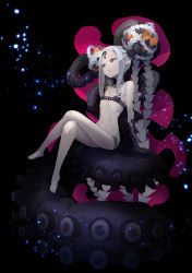 Rule 34 | 1girl, abigail williams (fate), abigail williams (swimsuit foreigner) (fate), abigail williams (swimsuit foreigner) (first ascension) (fate), bare shoulders, bikini, black background, black bikini, black bow, bow, breasts, closed mouth, collarbone, colored skin, crossed legs, double bun, fate/grand order, fate (series), forehead, gajumaru09, hair bun, hat, highres, keyhole, legs, long hair, looking to the side, micro bikini, multiple bows, navel, orange bow, parted bangs, purple eyes, sidelocks, sitting, small breasts, swimsuit, tentacles, thighs, third eye, very long hair, white hair, white skin