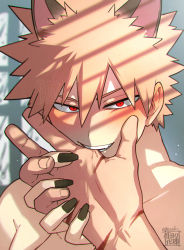 Rule 34 | 2boys, absurdres, animal ears, artist name, bakugou katsuki, biting another&#039;s hand, biting hand, blonde hair, blurry, blurry background, blush, boku no hero academia, face, fingernails, green nails, hand grab, highres, indoors, light particles, long fingernails, looking at viewer, male focus, midoriya izuku, multiple boys, multiple scars, nail polish, out of frame, pov, pov hands, red eyes, scar, scar on hand, seductive smile, short hair, signature, smile, solo focus, spiked hair, topless male, twitter username, v-shaped eyebrows, window, window shadow, yaoi, yazaki (yazakc)