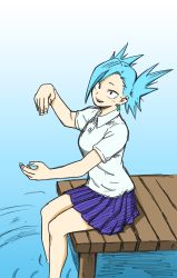 Rule 34 | 10s, 1girl, blue hair, boku no hero academia, breasts, collared shirt, earrings, eyelashes, female focus, hair over one eye, highres, horikoshi kouhei, jewelry, large breasts, looking at viewer, official art, pleated skirt, school uniform, sharp teeth, shirt, sitting, sketch, skirt, smile, solo, tatami nakagame, teeth, uniform, water