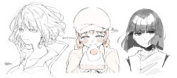 Rule 34 | 3girls, :t, absurdres, blunt bangs, blush, bread, bread slice, cabbie hat, closed mouth, collarbone, collared shirt, copyright request, cropped torso, earrings, eating, egg (food), food, fried egg, hair between eyes, haku (sen to chihiro no kamikakushi), hat, highres, holding, holding food, jacket, jewelry, long hair, looking at viewer, monochrome, multiple girls, nose blush, open clothes, open jacket, pendant, sen to chihiro no kamikakushi, shirt, short hair, signature, simple background, smile, sofra, traditional media, twitter username, upper body, white background