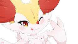 Rule 34 | 1girl, :3, animal ear fluff, animal ears, animal nose, artist name, blush, body fur, braixen, closed mouth, creatures (company), female focus, fox ears, fox girl, furry, furry female, game freak, gen 6 pokemon, hands up, happy, highres, licking lips, looking at viewer, loval, neck fur, nintendo, one eye closed, pokemon, pokemon (creature), portrait, red eyes, selfie, signature, simple background, smile, solo, tongue, tongue out, two-tone fur, white background, white fur, wink, yellow fur