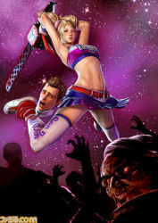 Rule 34 | 1boy, 1girl, 3d, armpits, arms up, belt, blonde hair, brown hair, chainsaw, cheerleader, clothes writing, couple, crop top, grasshopper manufacture, juliet starling, jumping, leg warmers, lollipop chainsaw, long hair, lowres, midriff, miniskirt, navel, necktie, nick carlyle, official art, one eye closed, open mouth, panties, pantyshot, pink panties, scrunchie, severed head, shoes, short hair, skirt, sneakers, sparkle, thighhighs, twintails, underwear, upskirt, white thighhighs, wink, zombie