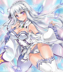 Rule 34 | 10s, 1girl, artist name, at classics, blush, braid, breasts, cameltoe, cleavage, closed mouth, clothes lift, crown braid, dress, dress lift, dutch angle, emilia (re:zero), gluteal fold, jewelry, large breasts, long hair, long sleeves, looking at viewer, panties, pendant, pointy ears, purple eyes, re:zero kara hajimeru isekai seikatsu, sample watermark, silver hair, solo, thigh gap, thighhighs, traditional media, underwear, very long hair, watermark, white panties, white thighhighs, wide sleeves