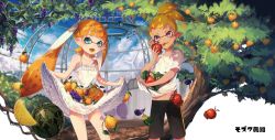 Rule 34 | 1boy, 1girl, 4th, blue eyes, blue sky, breasts, clothes lift, day, dress, dress lift, eating, fangs, food, fruit, greenhouse, inkling player character, looking at viewer, nintendo, orange hair, plant, pointy ears, purple eyes, shirt hold, shirt lift, shorts, skirt basket, skirt hold, sky, small breasts, smile, splatoon (series), sundress, tentacle hair, topknot, tree, twintails, yu-ri (arium 47)