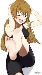 Rule 34 | 1girl, ;d, absurdres, armpits, arms up, bare shoulders, bike shorts, black shirt, blue eyes, blurry, blurry foreground, blush, braid, breasts, brown hair, collarbone, crop top, cropped shirt, dot nose, exercising, hands on own head, highres, idolmaster, idolmaster million live!, idolmaster million live! theater days, kousaka umi, leg up, long hair, looking at viewer, medium breasts, midriff, one eye closed, open mouth, shirt, sideboob, signature, simple background, sit-up, sitting, smile, soles, solo, sweat, toes, twin braids, v-shaped eyebrows, vivid (key), white background