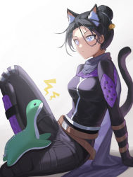 Rule 34 | 1girl, absurdres, animal ears, animification, apex legends, bell, black gloves, black hair, black jacket, black pants, blue eyes, breasts, cat ears, cat girl, cat tail, closed mouth, commentary request, forehead, gloves, grey background, hair bell, hair bun, hair ornament, highres, jacket, jingle bell, kemonomimi mode, knee up, lightning bolt symbol, long sleeves, medium breasts, mo ying yu, pants, parted bangs, purple scarf, scarf, single hair bun, sitting, solo, tail, v-shaped eyebrows, wraith (apex legends)