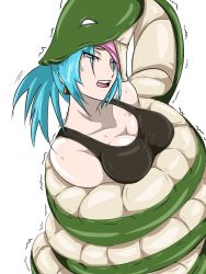 Rule 34 | 1girl, bhm, blue hair, breasts, coiled, constriction, eating, female focus, leona heidern, open mouth, predator and prey, snake, swallowing, vore