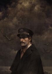Rule 34 | 1boy, betty jiang, bird, coat, facial hair, frown, hat, male focus, mustache, painting (medium), solo, the lighthouse, thomas howard, traditional media, upper body