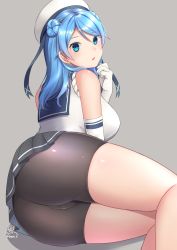 Rule 34 | 1girl, ass, bike shorts, blue eyes, blue hair, blue sailor collar, breasts, double bun, elbow gloves, gloves, gradient background, grey background, hair between eyes, hair bun, hat, highres, kantai collection, large breasts, long hair, looking at viewer, neckerchief, open mouth, pleated skirt, sailor collar, sailor hat, school uniform, serafuku, shadow, sitting, skirt, sleeves rolled up, smile, solo, twitter username, unoshima kanaka, urakaze (kancolle), white gloves, white hat