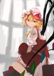 Rule 34 | 1girl, between legs, blonde hair, bow, closed mouth, crossed bangs, crystal, flandre scarlet, from behind, hand between legs, hat, hat bow, looking at viewer, looking back, mob cap, necro (nekurodayo), red bow, red eyes, red skirt, red vest, skirt, smile, solo, touhou, vest, white hat, wings