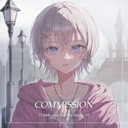 Rule 34 | 1boy, androgynous, blue eyes, border, collarbone, commission, day, drawstring, english text, grey hair, hair between eyes, hair ornament, hand on own chest, highres, hood, hood down, hoodie, jewelry, kumagai yuka, lamppost, looking at viewer, male focus, open mouth, original, outdoors, overcast, pendant, pink hoodie, shirt, short hair, sidelocks, sky, smile, solo, straight-on, upper body, white border, white shirt, x hair ornament