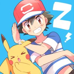 Rule 34 | &gt; &lt;, 1boy, ash ketchum, bad id, bad pixiv id, baseball cap, black hair, blue shirt, blush stickers, bracelet, brown eyes, closed eyes, collarbone, creatures (company), dutch angle, game freak, gen 1 pokemon, grin, hand up, happy, hat, jewelry, jpeg artifacts, looking at viewer, lowres, male focus, mei (maysroom), midriff peek, navel, nintendo, open mouth, pikachu, poke ball theme, pokemon, pokemon (anime), pokemon (creature), pokemon sm (anime), red headwear, shirt, short hair, short sleeves, smile, striped clothes, striped shirt, teeth, z-ring