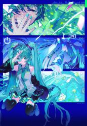 Rule 34 | 1girl, absurdres, aqua eyes, aqua hair, aqua nails, aqua necktie, bare shoulders, black footwear, black skirt, black sleeves, boots, closed eyes, closed mouth, commentary, cursor, detached sleeves, english commentary, facing viewer, green nails, grin, hatsune miku, highres, long hair, long sleeves, looking at viewer, mawarusanso, miniskirt, multicolored nails, multiple views, nail art, nail polish, necktie, ok sign, ok sign over eye, pleated skirt, purple nails, shirt, skirt, sleeveless, sleeveless shirt, smile, teeth, thigh boots, thighhighs, twintails, very long hair, vocaloid, white shirt, window (computing)