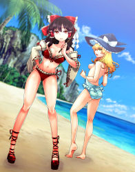 Rule 34 | 2girls, absurdres, adapted costume, ass, barefoot, beach, bikini, blonde hair, bow, breasts, brown hair, cleavage, clothes pull, day, detached sleeves, dutch angle, female focus, frills, gohei, hair bow, hair tubes, hakurei reimu, hat, highres, kirisame marisa, large breasts, legs, long hair, multiple girls, one-piece swimsuit, one-piece swimsuit pull, sa haru, shoes, sideboob, swimsuit, toeless footwear, topfreedom, topless, touhou, witch hat, yellow eyes