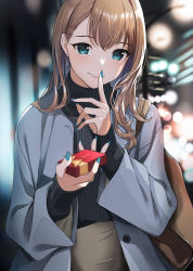 Rule 34 | 1girl, bag, black sweater, blue eyes, blue nails, blurry, blurry background, blush, bokeh, box, brown hair, brown skirt, closed mouth, coat, commentary, depth of field, doushimasho, earrings, finger to mouth, gift, gift box, grey coat, handbag, highres, holding, holding box, holding gift, index finger raised, jewelry, long hair, long sleeves, looking at viewer, mole, mole on cheek, nail polish, necklace, open clothes, open coat, original, ribbed sweater, shushing, skirt, smile, solo, sweater, turtleneck, turtleneck sweater, unbuttoned, upper body, valentine