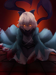 Rule 34 | 1girl, absurdres, black bow, blonde hair, blood, blood on clothes, blood on face, bow, fate/grand order, fate (series), glowing, glowing eyes, grey kimono, hair between eyes, hair bow, highres, japanese clothes, kimono, kirani, kneeling, looking at viewer, obi, okita souji (fate), okita souji (koha-ace), sash, short hair, solo, yellow eyes