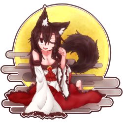 Rule 34 | 1girl, animal ears, barefoot, breasts, brooch, brown hair, cleavage, collarbone, commentary, commentary request, dress, feet, full moon, imaizumi kagerou, jewelry, large breasts, long hair, long sleeves, looking at viewer, moon, nama gomi (artist), off-shoulder dress, off shoulder, one eye closed, open mouth, outline, paw pose, red eyes, simple background, smile, solo, tail, touhou, transparent background, white background, white dress, wide sleeves, wolf ears, wolf tail