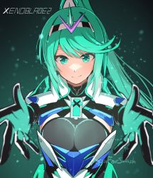 Rule 34 | 1girl, armor, black background, black gloves, breasts, chest jewel, closed mouth, copyright name, elbow gloves, female focus, gem, gloves, glowing, gradient background, green eyes, green hair, grey background, hair ornament, hairband, headpiece, highres, hirotaka (hrtk990203), hug, jewelry, large breasts, long hair, looking at viewer, nintendo, open hand, pneuma (xenoblade), ponytail, reaching, reaching towards viewer, smile, solo, sparkle, swept bangs, tiara, xenoblade chronicles (series), xenoblade chronicles 2