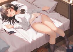 Rule 34 | 1girl, ball, basketball (object), bed sheet, black bow, black bowtie, black socks, blush, bow, bowtie, breasts, brown hair, cellphone, closed eyes, collarbone, commentary request, earbuds, earphones, grey skirt, hair ornament, hairclip, indoors, light particles, lying, medium hair, minato ojitan, navel, on back, on bed, open mouth, original, panties, phone, pillow, pleated skirt, school uniform, skirt, unworn skirt, sleeping, small breasts, smartphone, socks, solo, sunlight, tan, tanline, underwear, white panties