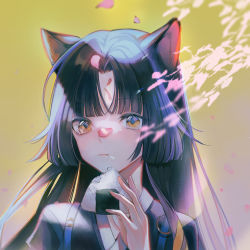 Rule 34 | 1girl, animal ears, arknights, black hair, black kimono, brown eyes, closed mouth, dog ears, eating, facial mark, food, food on face, forehead mark, fuyuumikou, gradient background, highres, holding, holding food, japanese clothes, kimono, long hair, onigiri, parted bangs, petals, saga (arknights), solo, upper body, very long hair, yellow background