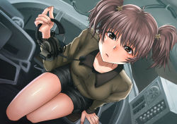 Rule 34 | 10s, 1girl, alisa (girls und panzer), bad id, bad pixiv id, bomber jacket, brown eyes, brown hair, fingernails, freckles, girls und panzer, headset, jacket, long fingernails, looking at viewer, mutsuki yamato, short twintails, shorts, solo, twintails