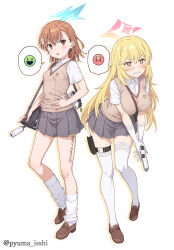 Rule 34 | 2girls, assault rifle, bag, blonde hair, blue archive, blue halo, breasts, brown eyes, brown footwear, brown hair, brown sweater vest, bullpup, charm (object), clenched teeth, collared shirt, commentary request, elbow gloves, fn f2000, full body, gekota, gloves, grey skirt, gun, hair between eyes, halo, hand on own hip, handbag, handgun, holding, holding gun, holding weapon, holster, isshi pyuma, large breasts, leaning forward, light blush, lightning bolt symbol, loafers, long hair, loose socks, medium hair, misaka mikoto, multiple girls, open mouth, over shoulder, pink halo, pleated skirt, rifle, school emblem, school uniform, shirt, shoes, shokuhou misaki, short sleeves, skirt, small breasts, socks, sparkling eyes, spider web print, spoken emoji, staccato 2011, standing, star halo, summer uniform, sweater vest, teeth, thigh holster, thighhighs, toaru kagaku no railgun, toaru majutsu no index, tokiwadai school uniform, twitter username, weapon, weapon over shoulder, white background, white gloves, white shirt, white thighhighs, yellow eyes, zettai ryouiki