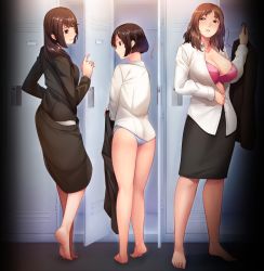 Rule 34 | 3girls, ass, back, bare legs, barefoot, black eyes, black hair, black skirt, bra, breasts, brown hair, business suit, cleavage, closed mouth, do s na ol joou sama, dressing room, eyebrows, feet, formal, full body, game cg, index finger raised, indoors, large breasts, legs, long hair, long sleeves, looking at another, multiple girls, nana g, original, panties, parted lips, pink bra, purple panties, short hair, skirt, smile, standing, suit, thighs, toes, unbuttoned, underwear, undressing
