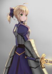 Rule 34 | 1girl, ahoge, armor, armored dress, artoria pendragon (all), artoria pendragon (fate), blonde hair, blue bow, blue dress, bow, dress, excalibur (fate/stay night), excalibur (mythology), fate (series), female knight, from behind, gauntlets, green eyes, grey background, hair bow, holding, holding sword, holding weapon, long hair, looking back, ponytail, saber (fate), solo, standing, sword, weapon, you06