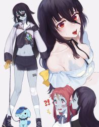 Rule 34 | !?, 10s, 2girls, ^^^, absurdres, bad id, bad pixiv id, bandages, bare shoulders, between breasts, black hair, black shorts, blue skin, blush, bow, breasts, cleavage, closed mouth, collar, collared shirt, colored skin, dog, ear blush, ear licking, closed eyes, eyewear on head, fang, fang out, food, frown, hair between eyes, hair bow, hakisou, highres, jacket, leash, licking, long hair, looking at viewer, medium breasts, minamoto sakura, mouth hold, multiple girls, multiple views, navel, neck ribbon, open mouth, profile, red eyes, red hair, ribbon, romero (zombie land saga), scar, scar on face, scar on forehead, shirt, shoes, short sleeves, shorts, sleeves past fingers, sleeves past wrists, spiked collar, spikes, standing, sunglasses, sweat, sweatdrop, tongue, tongue out, torn clothes, torn jacket, torn shorts, very long hair, white shirt, wing collar, yamada tae, yellow bow, zombie, zombie land saga