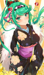 Rule 34 | 1girl, absurdres, blush, breasts, green eyes, green hair, highres, japanese clothes, kiiro kimi, kimono, large breasts, long hair, looking at viewer, new year, pneuma (xenoblade), ponytail, smile, solo, spoilers, xenoblade chronicles (series), xenoblade chronicles 2