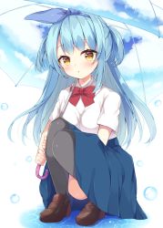 Rule 34 | 1girl, black thighhighs, blue hair, blue ribbon, blue skirt, blush, bow, breasts, brown footwear, collared shirt, commentary, hair ribbon, holding, holding umbrella, knees up, loafers, long hair, looking at viewer, maki soutoki, original, pleated skirt, print umbrella, red bow, ribbon, school uniform, shirt, shoes, short sleeves, skirt, sky print, small breasts, solo, squatting, symbol-only commentary, thighhighs, two side up, umbrella, very long hair, water, white shirt, yellow eyes