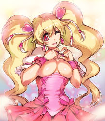 Rule 34 | 00s, 1girl, blonde hair, bow, breasts, breasts out, cure peach, fresh precure!, hair ornament, heart, heart hair ornament, heart hands, hisahiko, large breasts, long hair, looking at viewer, magical girl, md5 mismatch, momozono love, one eye closed, pink bow, pink eyes, precure, resolution mismatch, revision, smile, solo, source smaller, twintails
