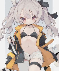 Rule 34 | 1girl, absurdres, bare shoulders, bikini, bikini under clothes, black bikini, black ribbon, blush, closed mouth, collarbone, commentary, cowboy shot, dated commentary, flat chest, hair between eyes, hair ribbon, highres, holding, holding knife, jacket, knife, long sleeves, looking at viewer, navel, nep (nep 76), open clothes, open fly, open jacket, original, purple eyes, ribbon, short shorts, shorts, single thighhigh, solo, swimsuit, thigh strap, thighhighs, twintails, white hair, white shorts, white thighhighs, wide sleeves