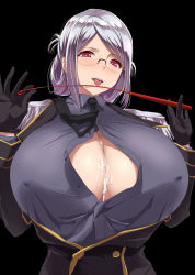 Rule 34 | 10s, 1girl, :p, after paizuri, alternate color, breasts, cleavage, cum, cum on body, cum on breasts, cum on upper body, ejaculation, covered erect nipples, gigantic breasts, glasses, highres, kantai collection, katori (kancolle), kloah, looking at viewer, open clothes, pink eyes, riding crop, short hair, silver hair, simple background, solo, tongue, tongue out
